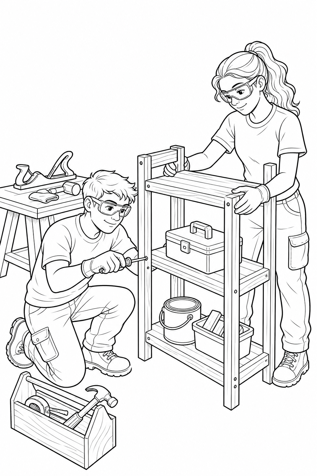 Black-and-white printable coloring page showing a builder using safe tools together.