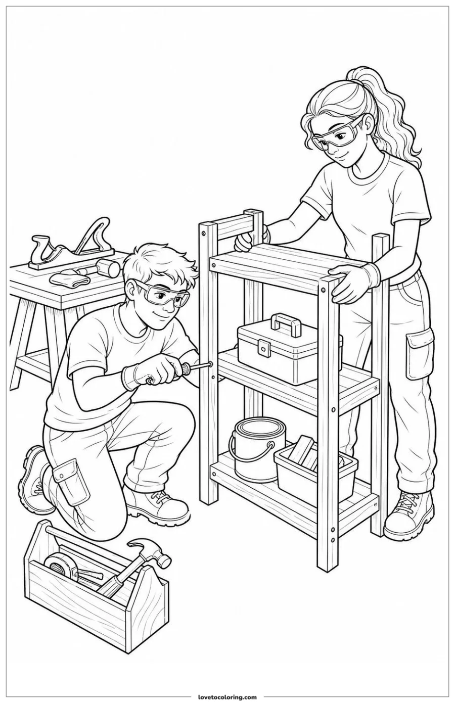 Dibujo para colorear de builder using safe tools working together