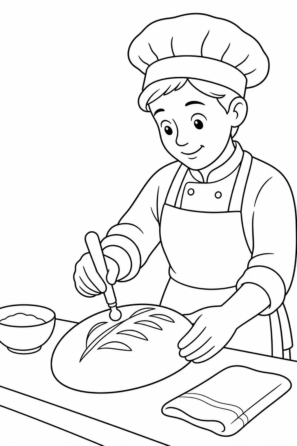 Black-and-white coloring page showing a baker decorating a loaf of bread with a safe tool at a bread-shaping table.