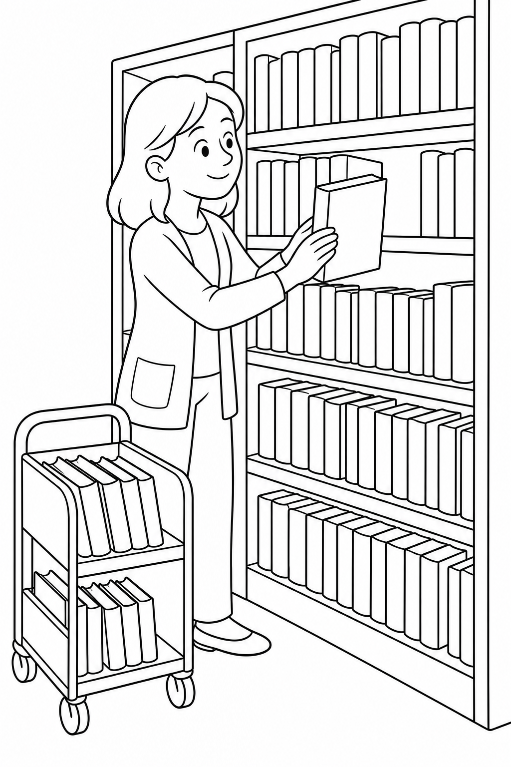 Black-and-white printable coloring page showing a librarian shelving the final returned book.