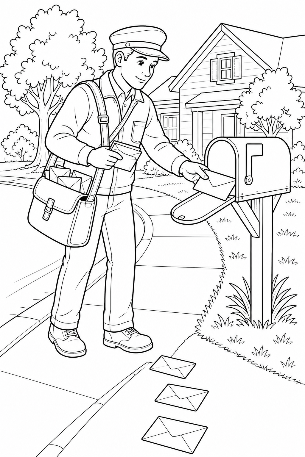 Black-and-white printable coloring page showing a mail carrier delivering letters completing the next step.