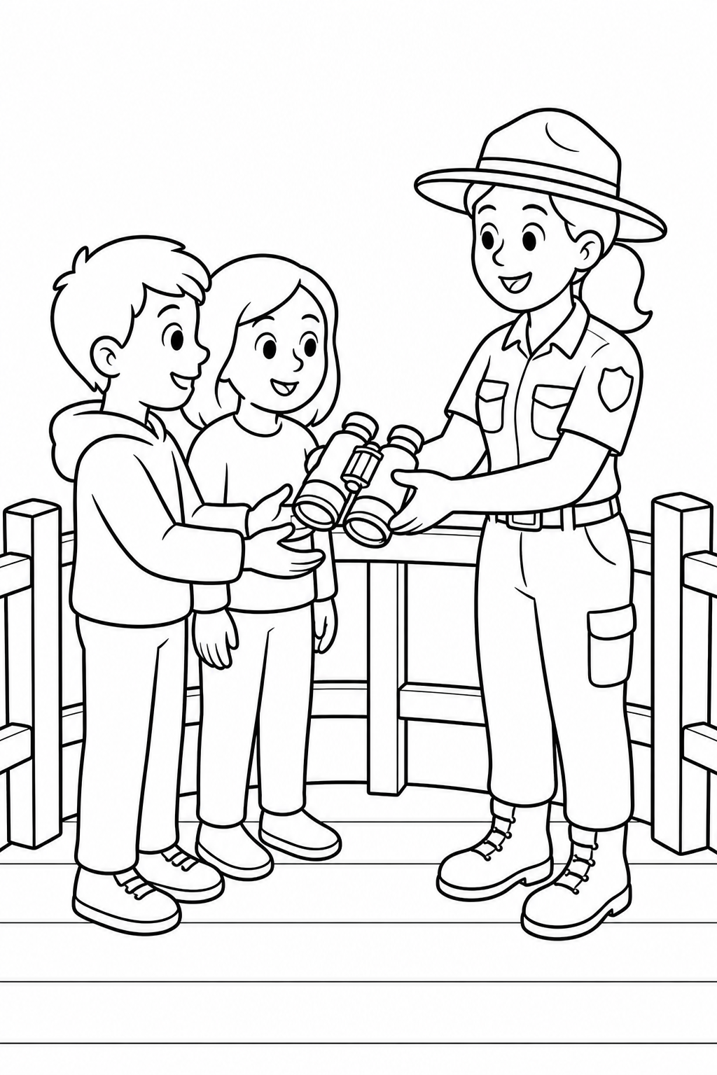 Black-and-white printable coloring page showing a park ranger guiding visitors checking that one important item is ready.