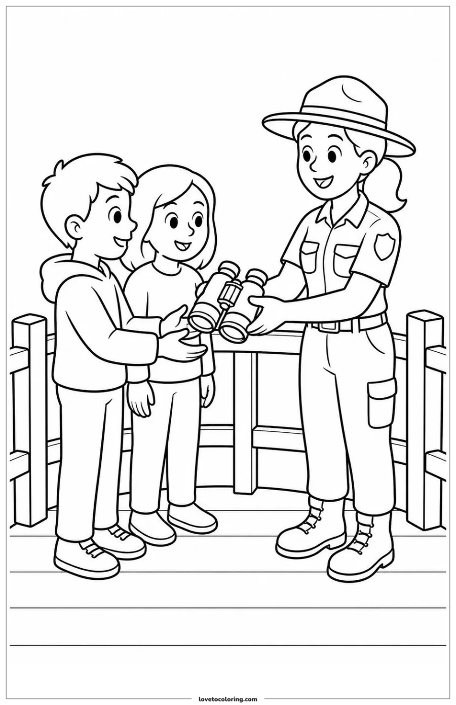 Dibujo para colorear de park ranger guiding visitors and checking one important item