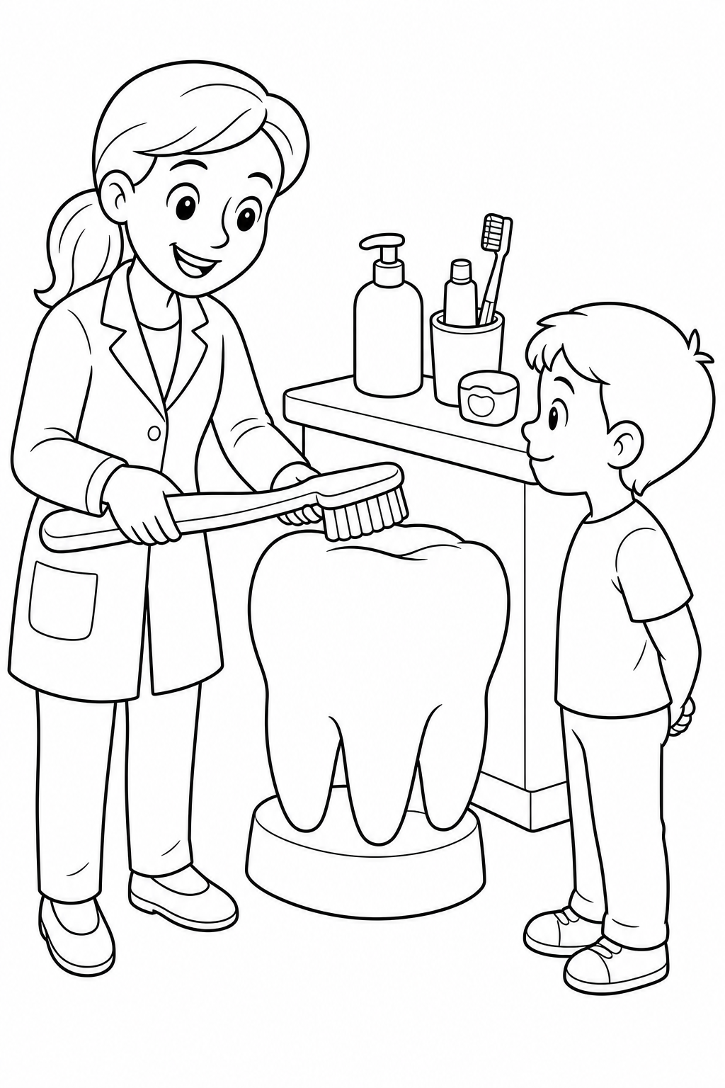 Black-and-white printable coloring page showing a dentist teaching brushing.