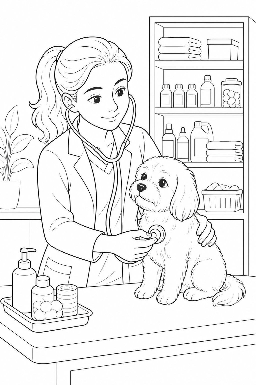 Black-and-white printable coloring page showing a veterinarian caring for a pet.