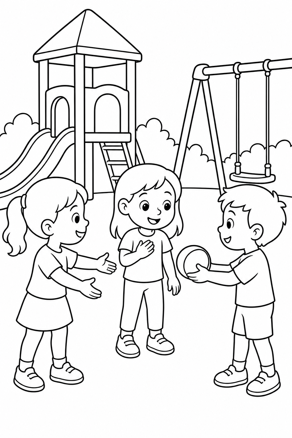 Black-and-white printable coloring page showing children welcoming a friend at the playground.