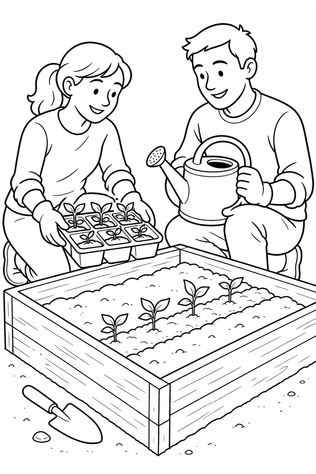 Black-and-white printable coloring page showing a neighbors planting a garden checking that one important item is ready.