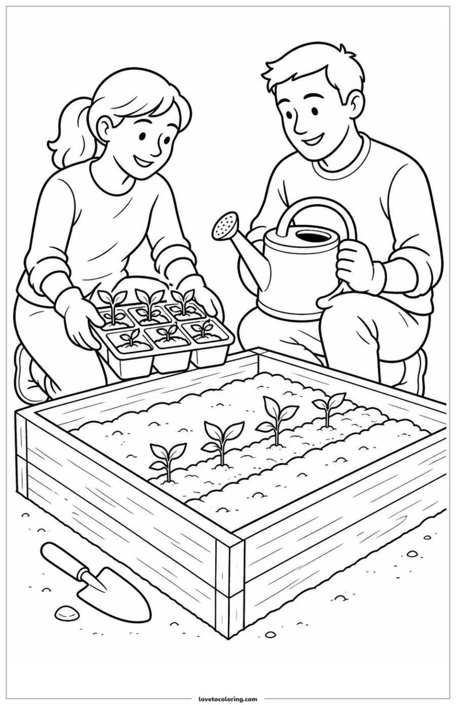 Dibujo para colorear de neighbors planting a garden and checking one important item