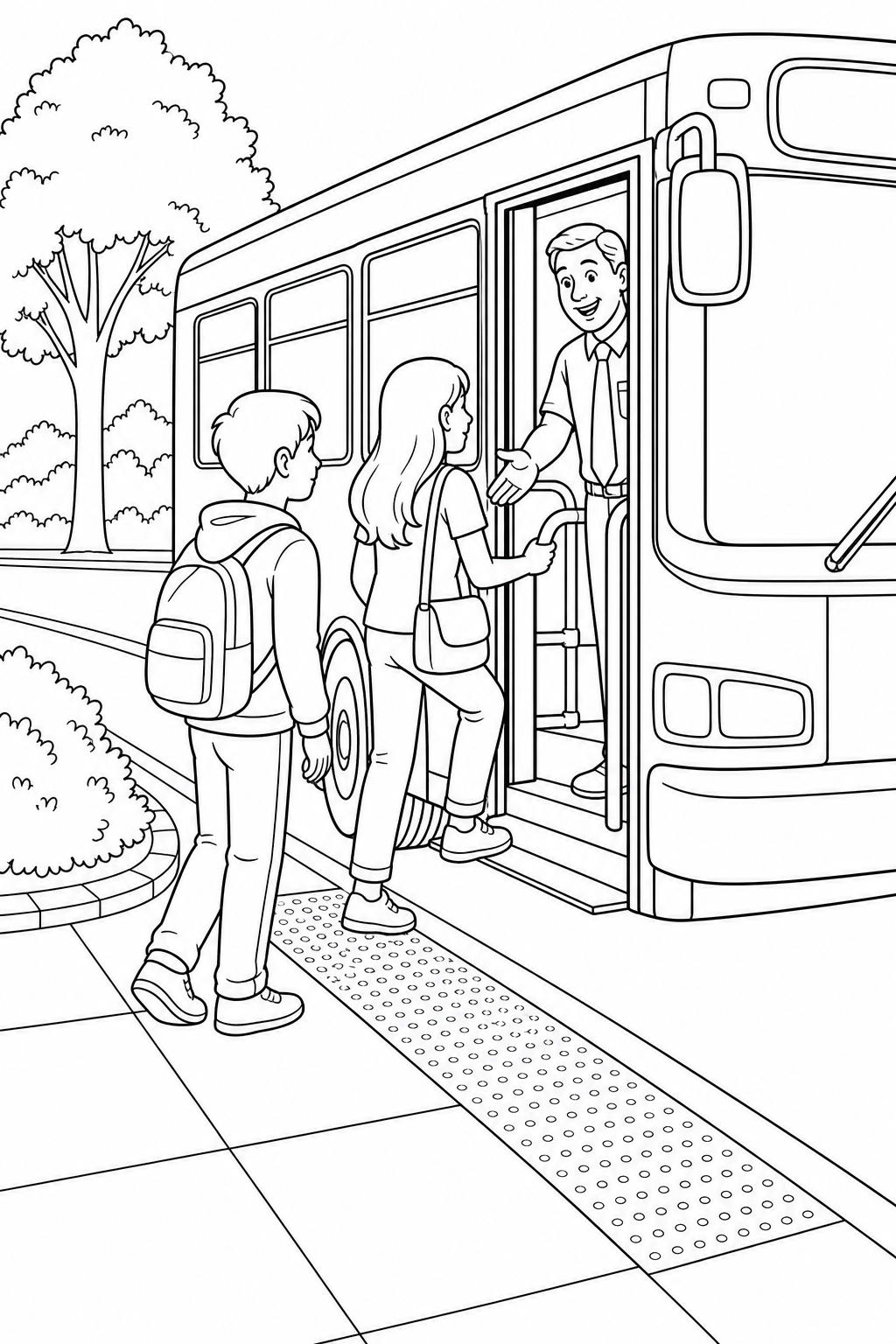 Black-and-white printable coloring page showing a bus driver greeting passengers together.
