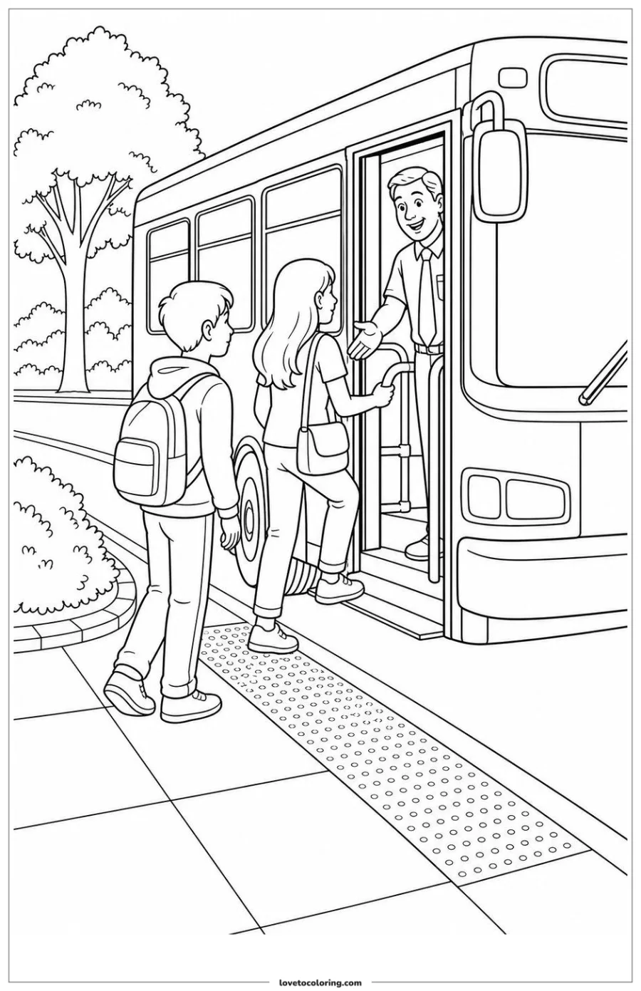 Dibujo para colorear de bus driver greeting passengers working together