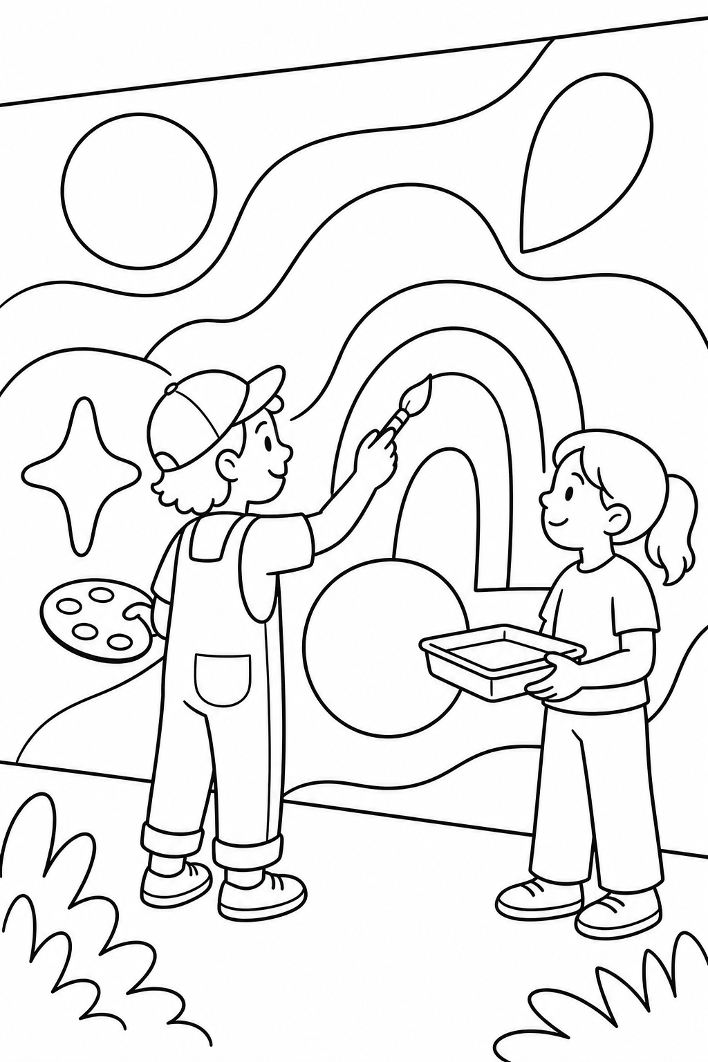 Black-and-white printable coloring page showing an artist and helpers painting a mural.