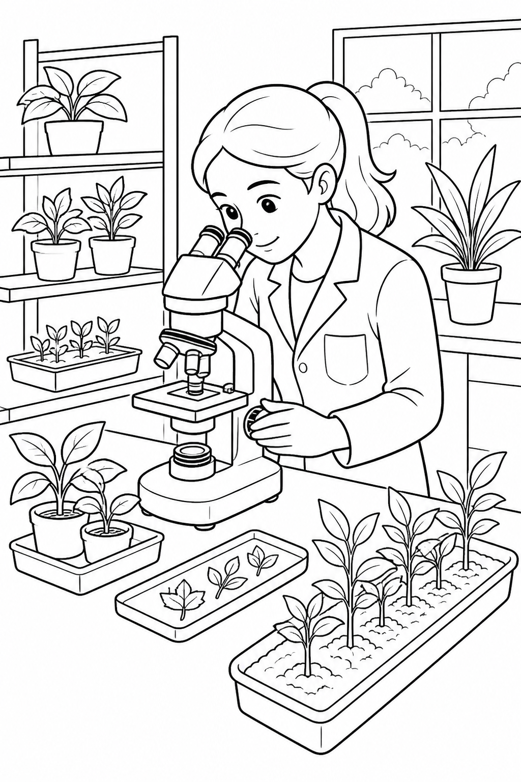 Black-and-white printable coloring page showing a scientist observing plants.