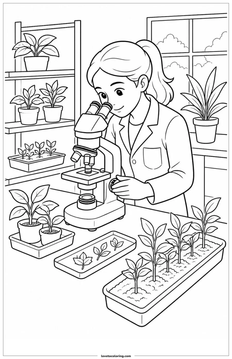 Dibujo para colorear de scientist observing plants without text
