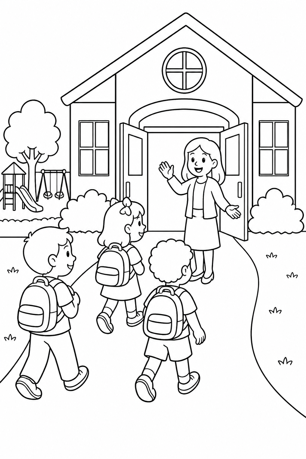 Black-and-white printable coloring page showing children arriving at a neighborhood school walking through the school entrance with a teacher greeting them.