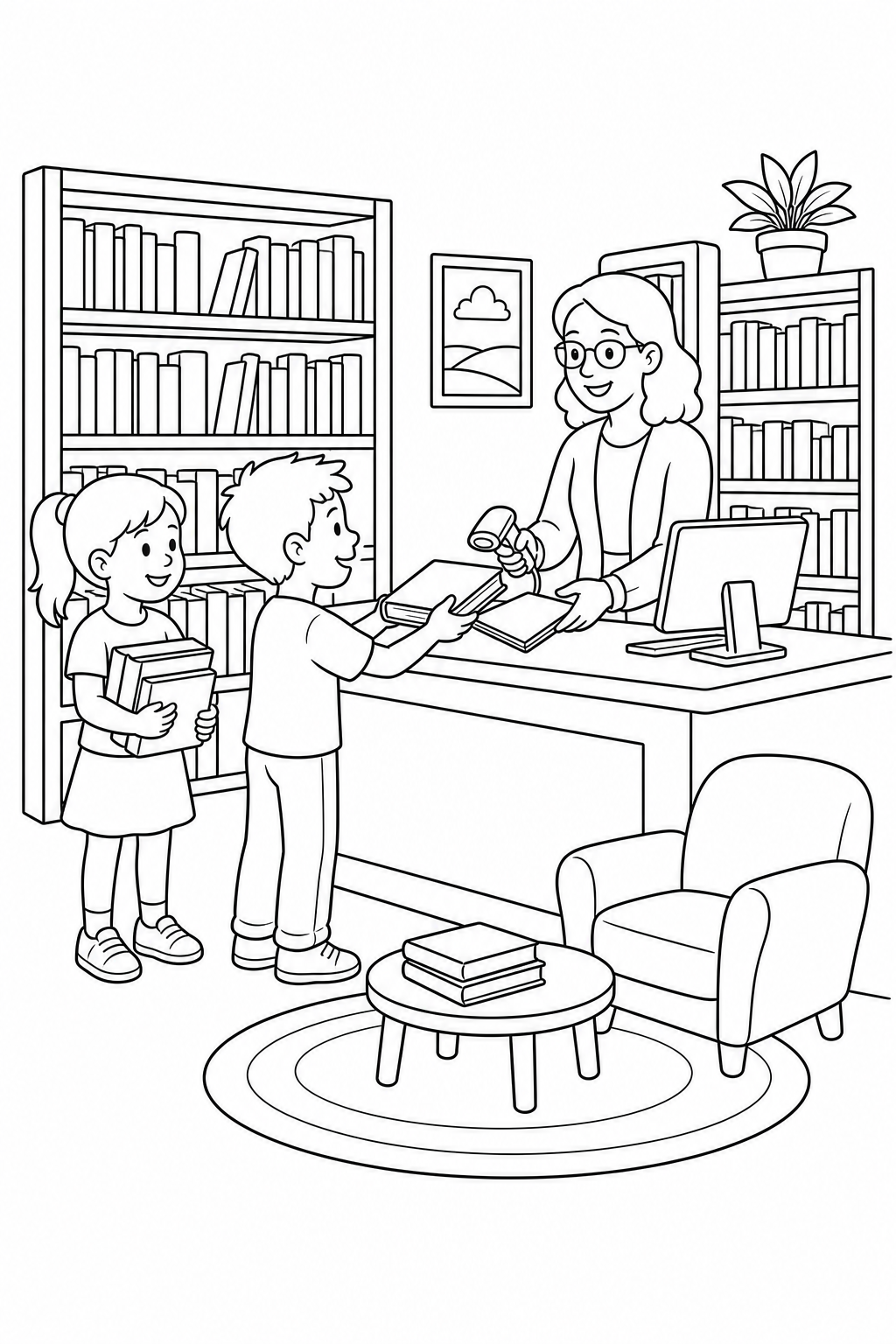 Black-and-white printable coloring page showing children choosing books with a librarian checking out books at the library desk.