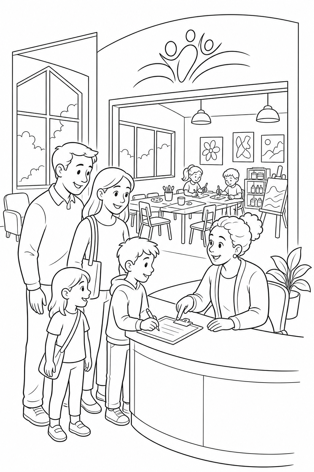 Black-and-white printable coloring page showing a family meeting a community center coordinator signing up for a neighborhood art activity.