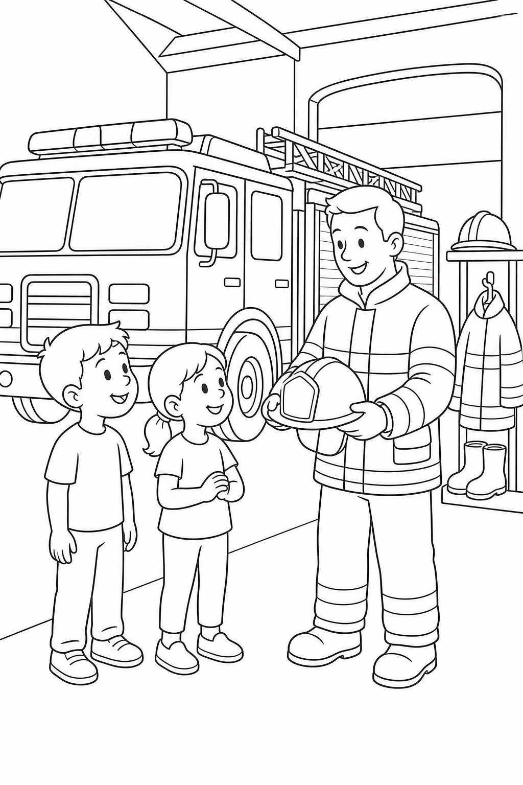 Black-and-white printable coloring page showing a firefighter showing safety equipment to children explaining a helmet beside a parked fire engine.