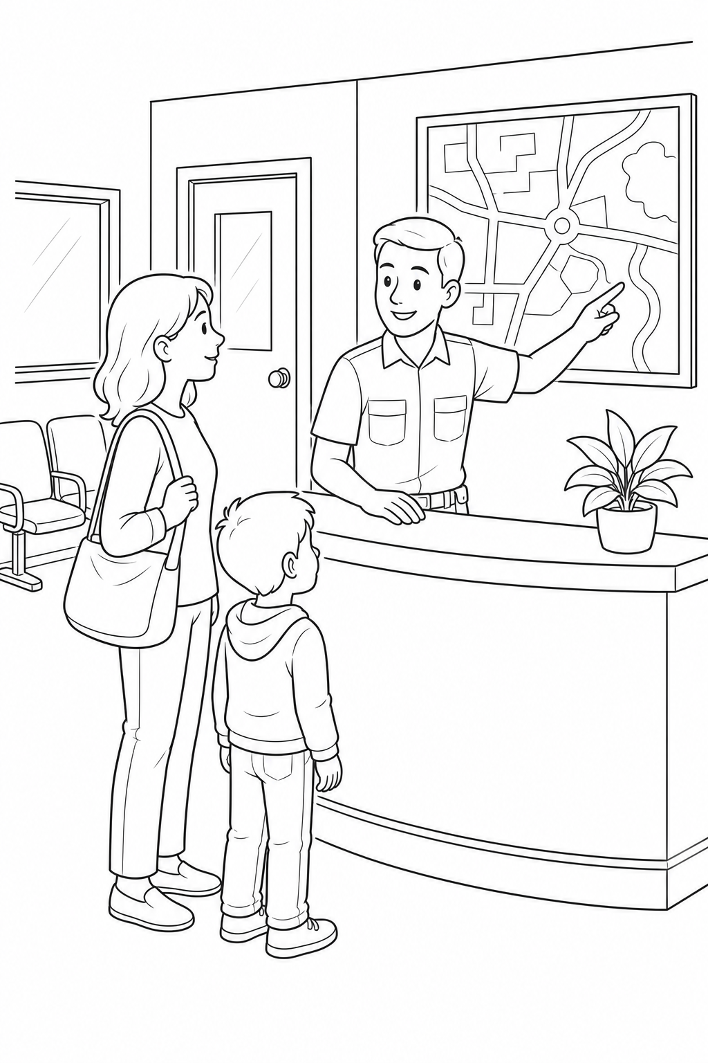 Black-and-white printable coloring page showing a community police officer helping a child and caregiver giving directions at the public help desk.