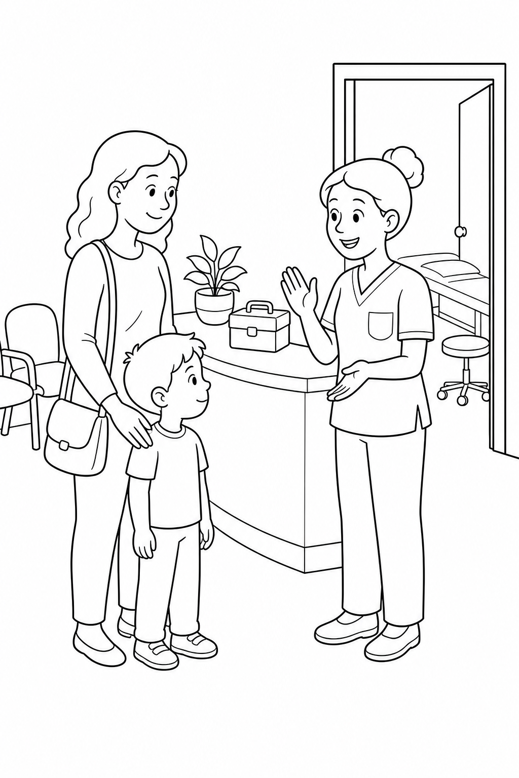 Black-and-white printable coloring page showing a child and caregiver meeting a nurse checking in for a routine visit.