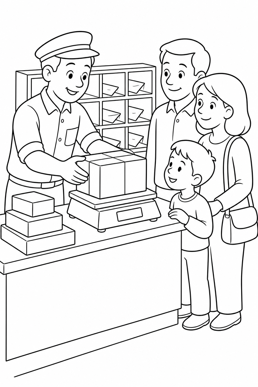 Black-and-white printable coloring page showing a postal worker helping a family weighing a parcel at the counter.