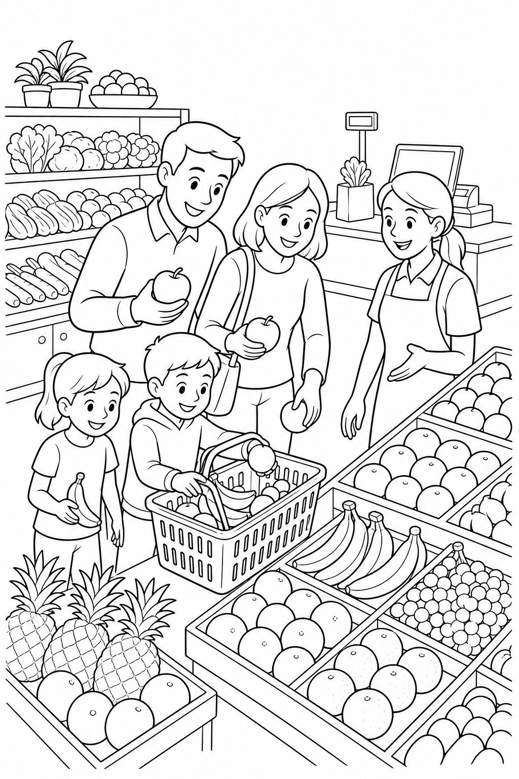 Black-and-white printable coloring page showing a family shopping with a store worker nearby choosing fruit and placing it in a basket.