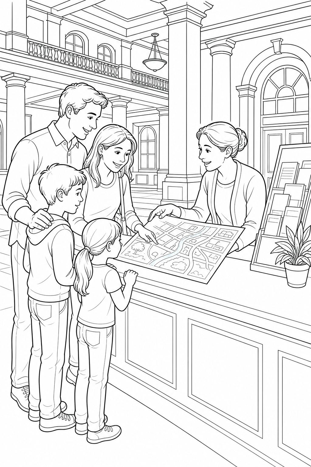 Black-and-white printable coloring page showing a family speaking with a community worker looking at a neighborhood services map.