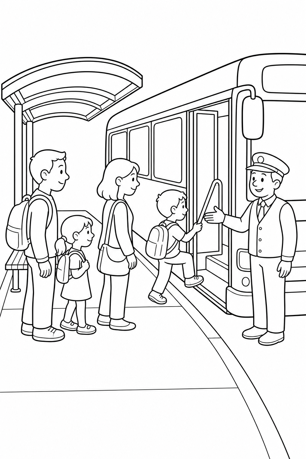 Black-and-white printable coloring page showing a families waiting with a transit worker lining up safely to board a city bus.