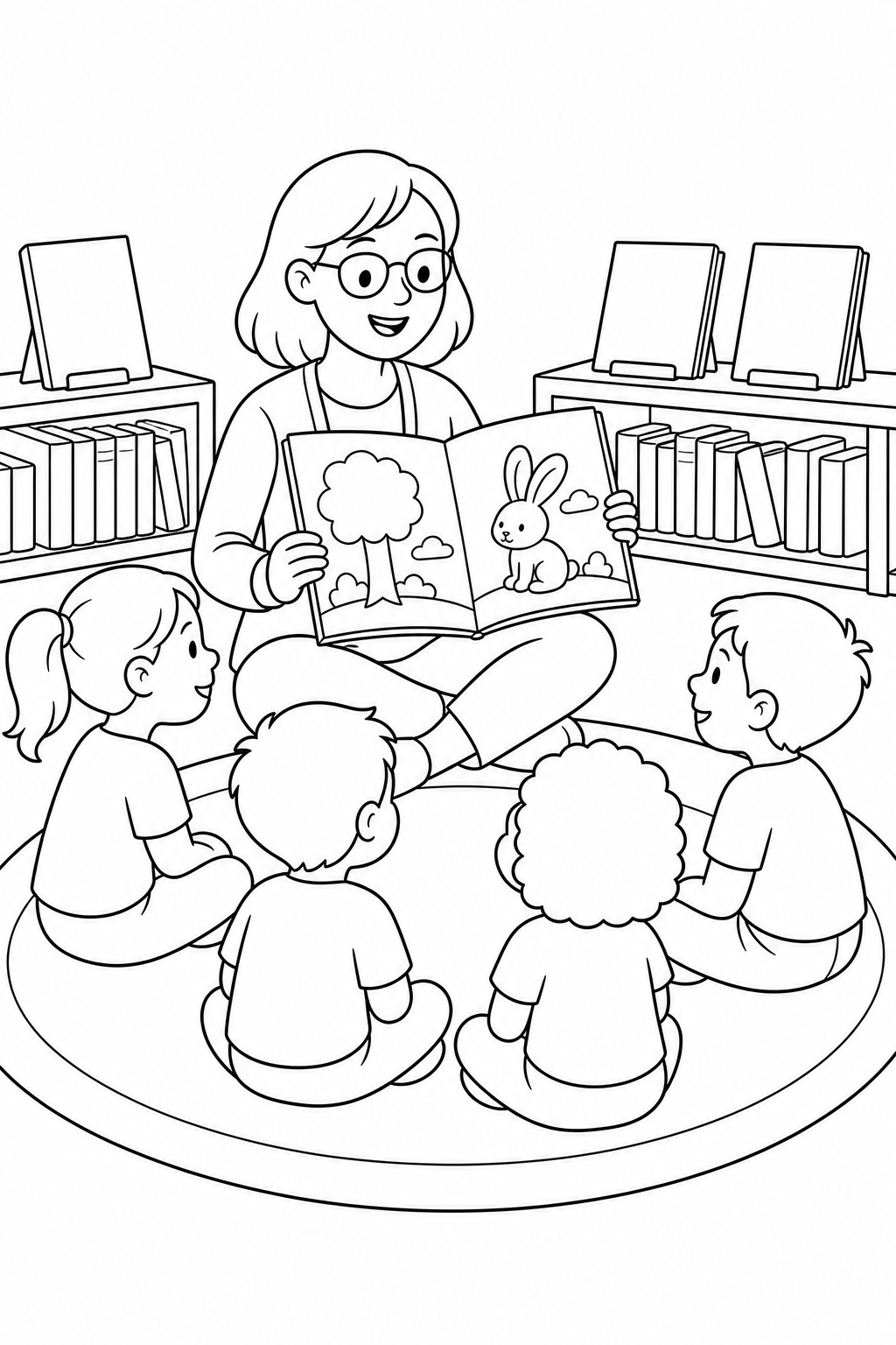 Black-and-white printable coloring page showing a librarian reading with a small group of children sharing a picture book during story time.