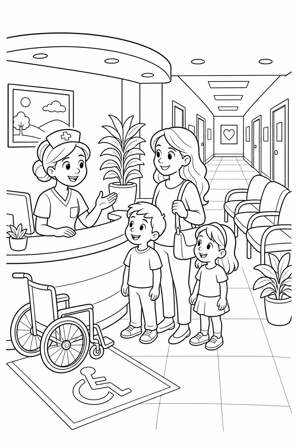 Black-and-white printable coloring page showing a hospital receptionist helping a family showing them where to go for a scheduled appointment.