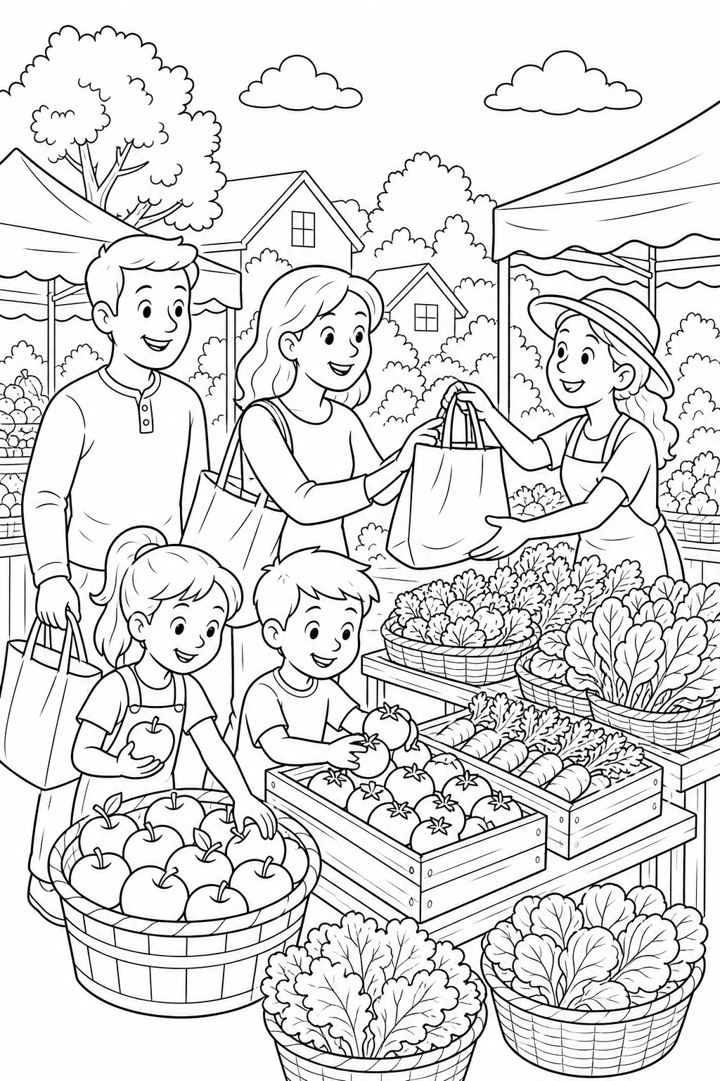 Black-and-white printable coloring page showing a child and caregiver visiting a produce seller choosing vegetables from labeled baskets without prominent text.