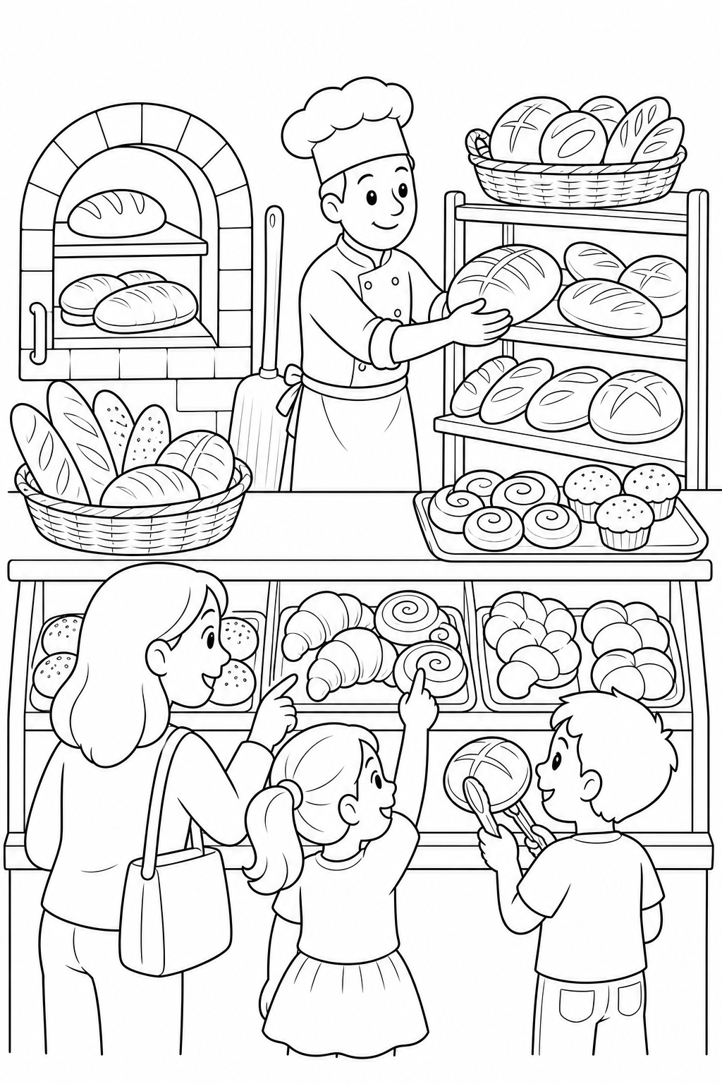 Black-and-white printable coloring page showing a baker serving a family placing bread into a paper bag at the counter.
