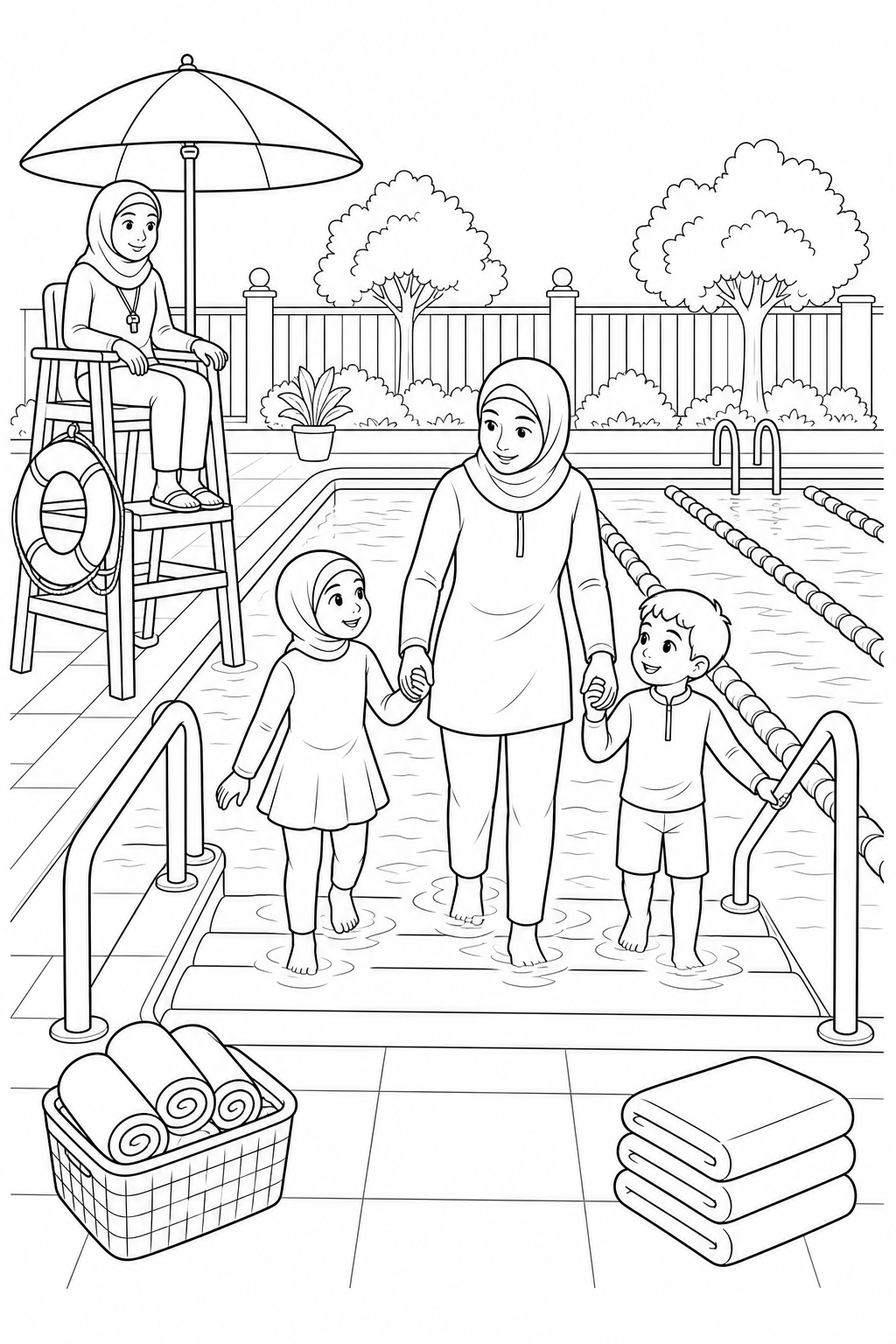 Black-and-white printable coloring page showing children and a lifeguard at a public pool following the pool safety rules before swimming.