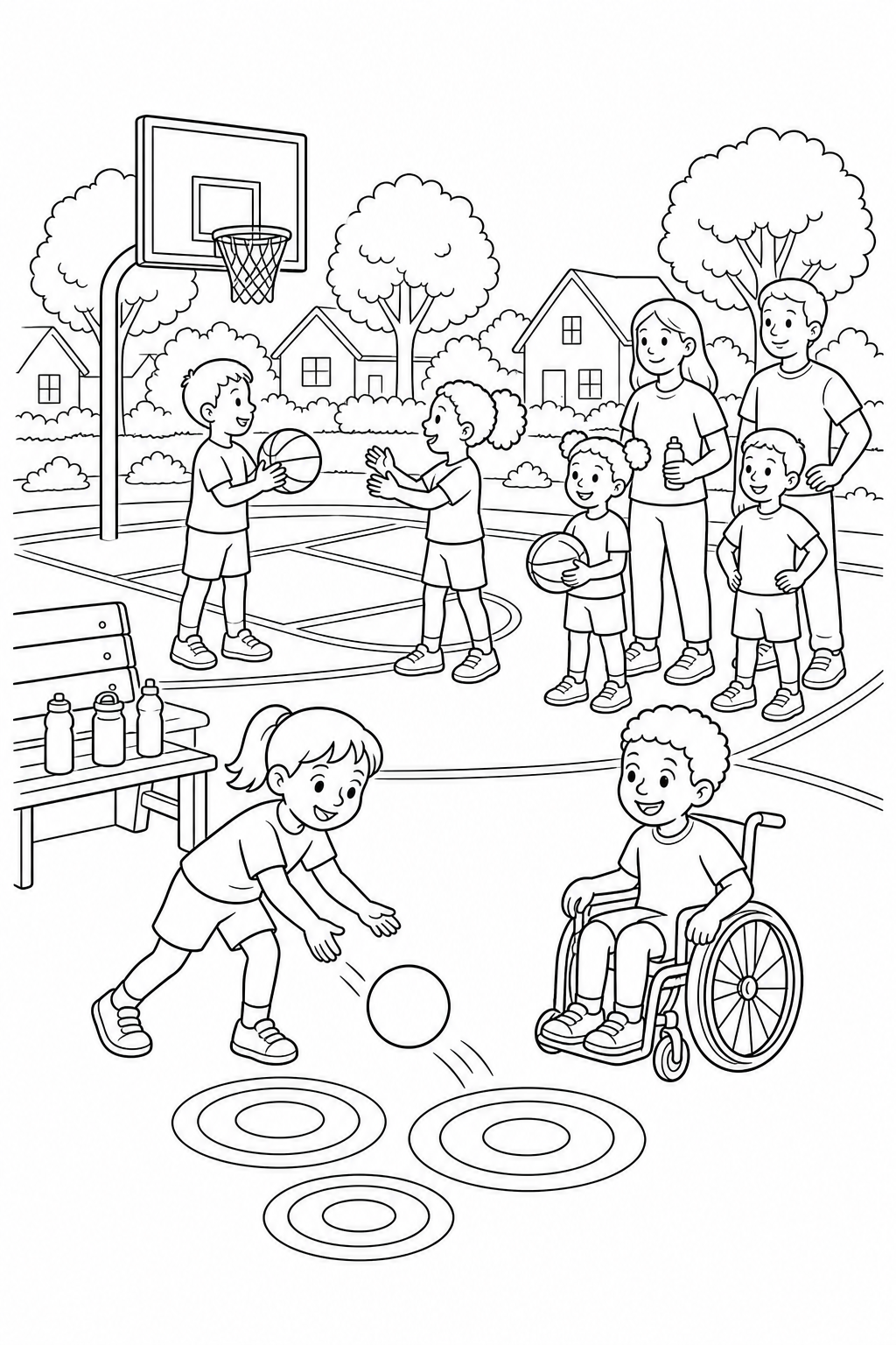 Black-and-white printable coloring page showing children sharing a community sports court taking turns during a ball game.
