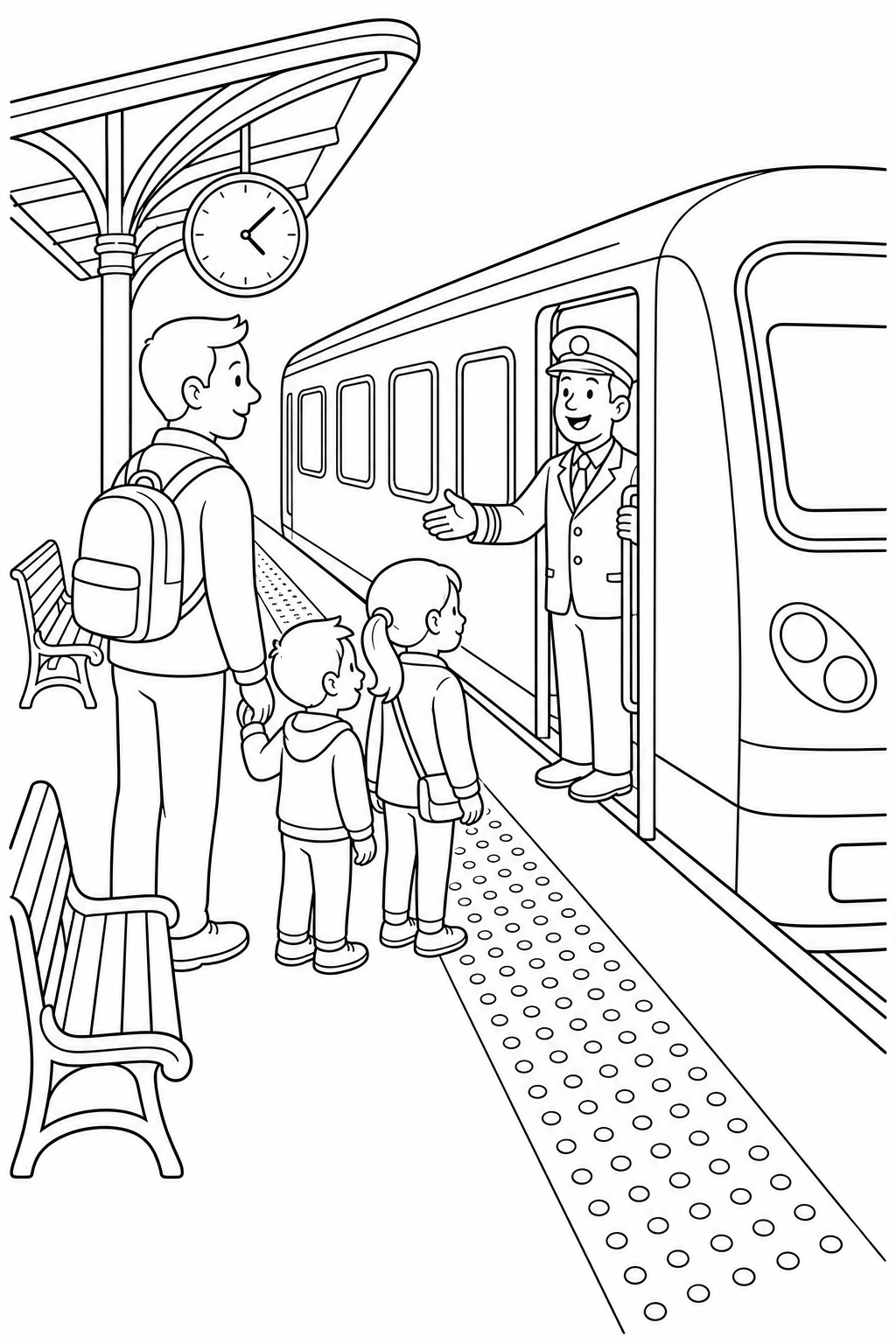 Black-and-white printable coloring page showing a family and station worker waiting beside a train standing safely behind the platform edge.