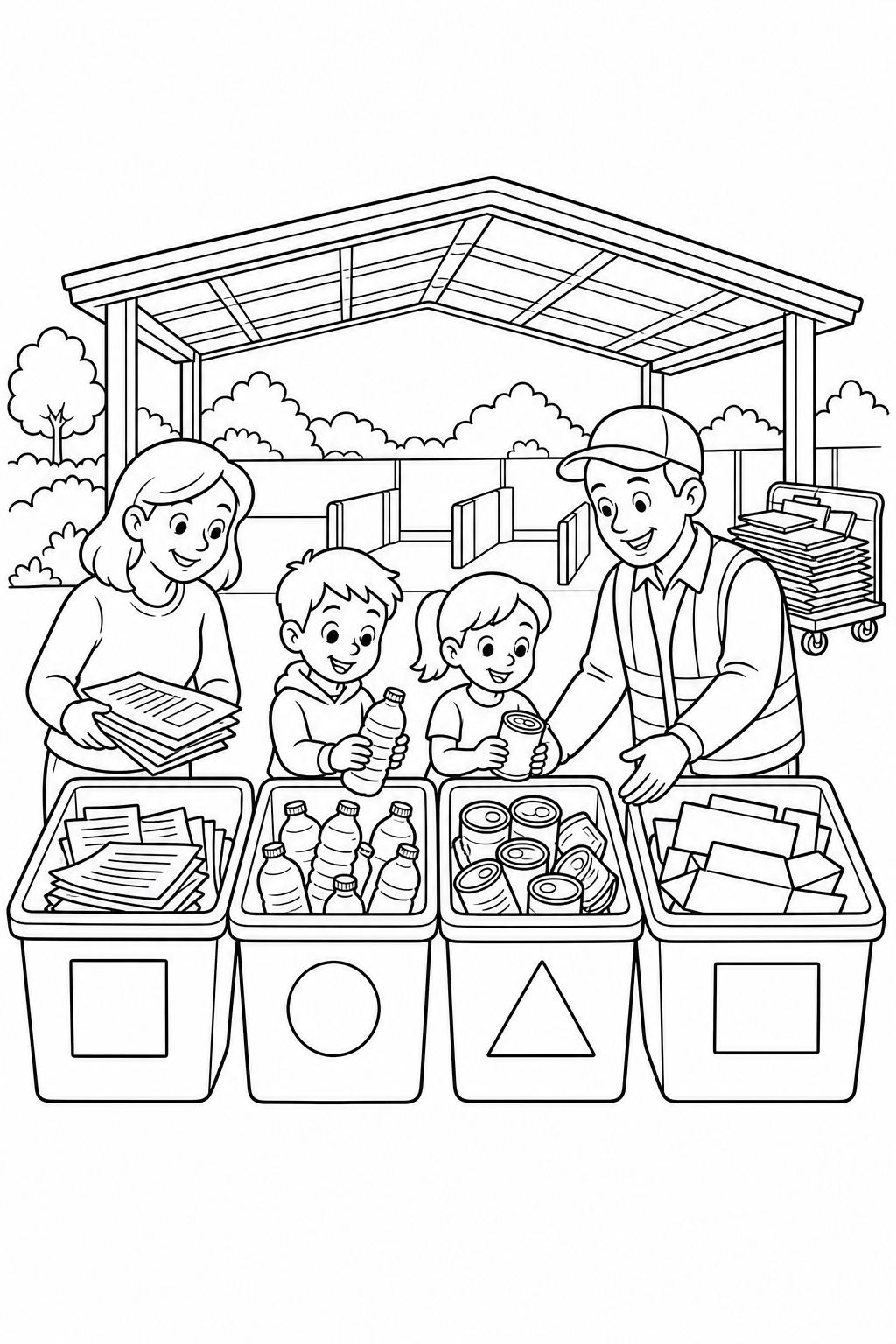 Black-and-white printable coloring page showing a community worker helping a family sort reusable materials placing paper and containers into separate bins.