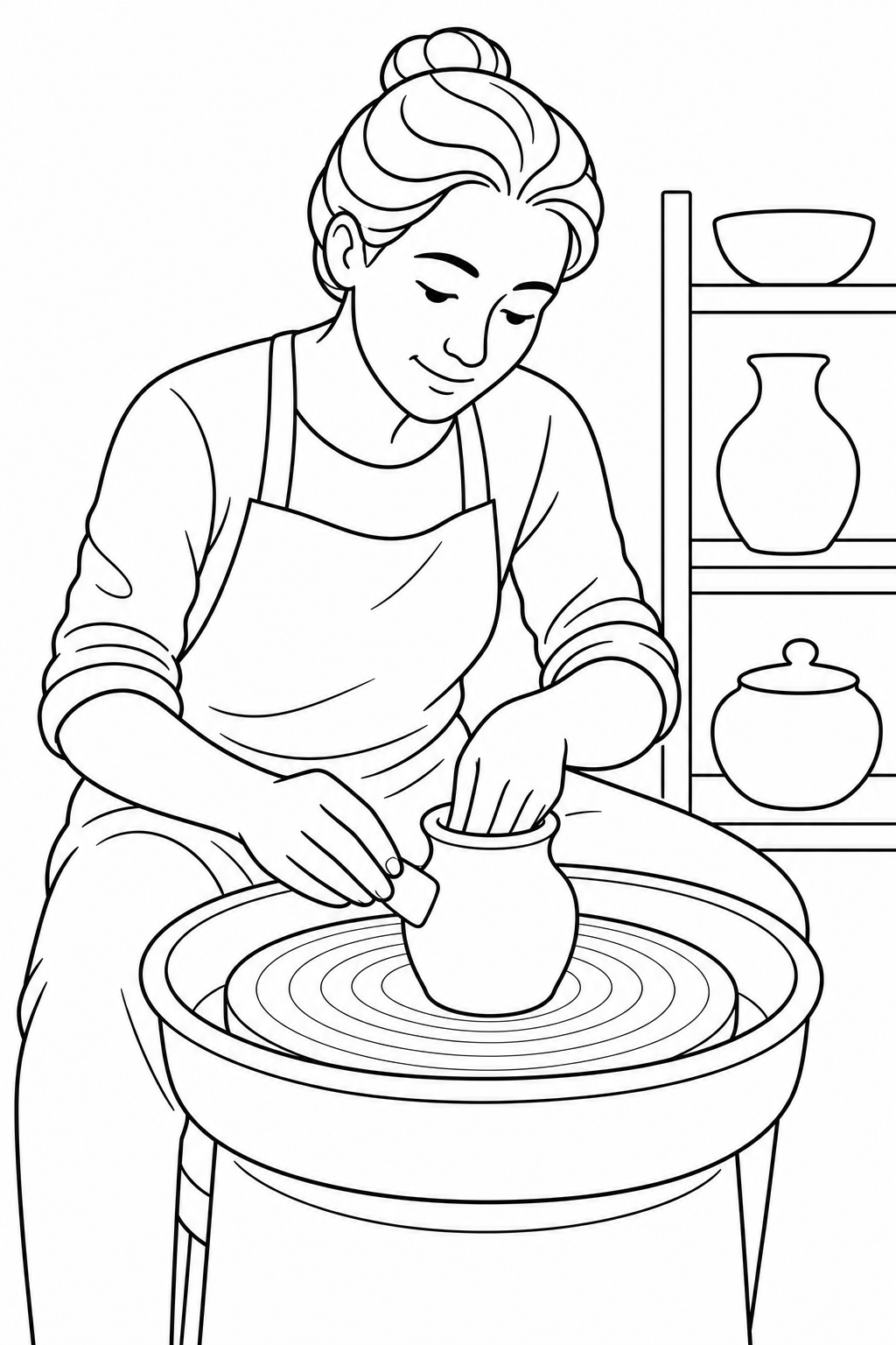 Potter shaping a centered clay form on a pottery wheel in a studio.