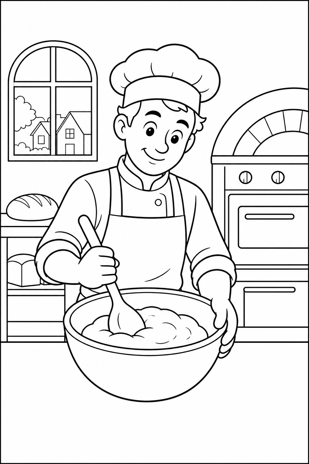 Baker mixing dough in a large bowl inside a neighborhood bakery.