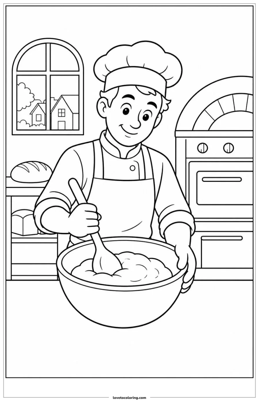 Baker mixing dough in a large bowl inside a neighborhood bakery.