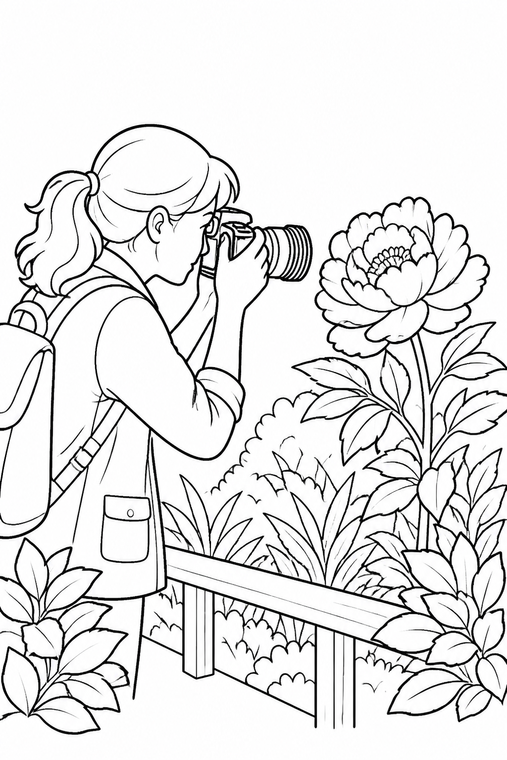 Photographer framing a flower with a camera in a garden.