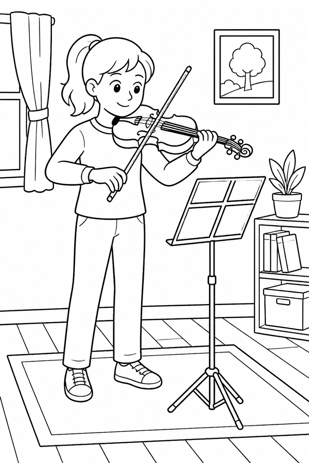 Young violinist rehearsing beside a music stand in a rehearsal room.