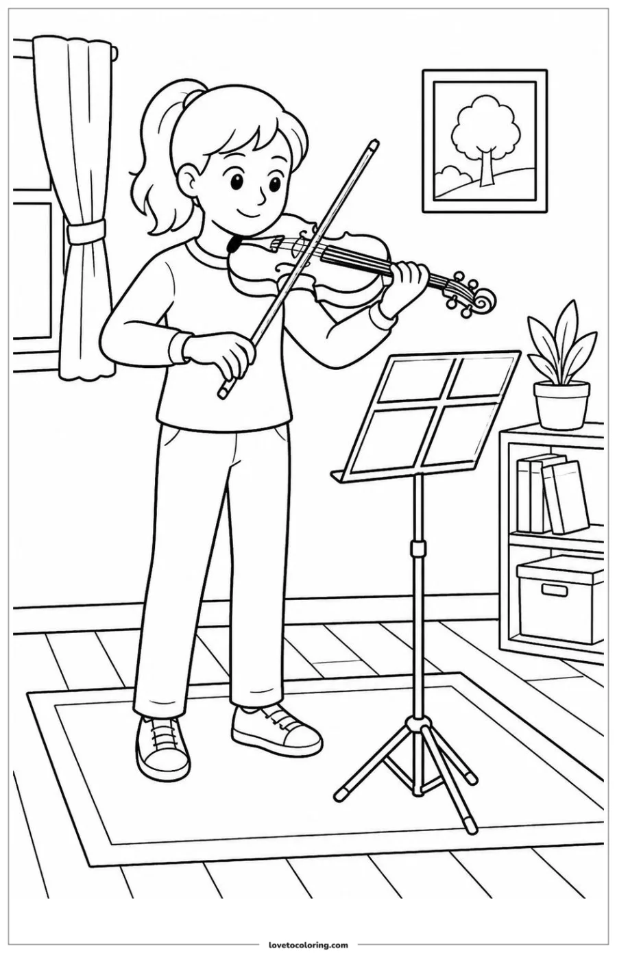 Young violinist rehearsing beside a music stand in a rehearsal room.