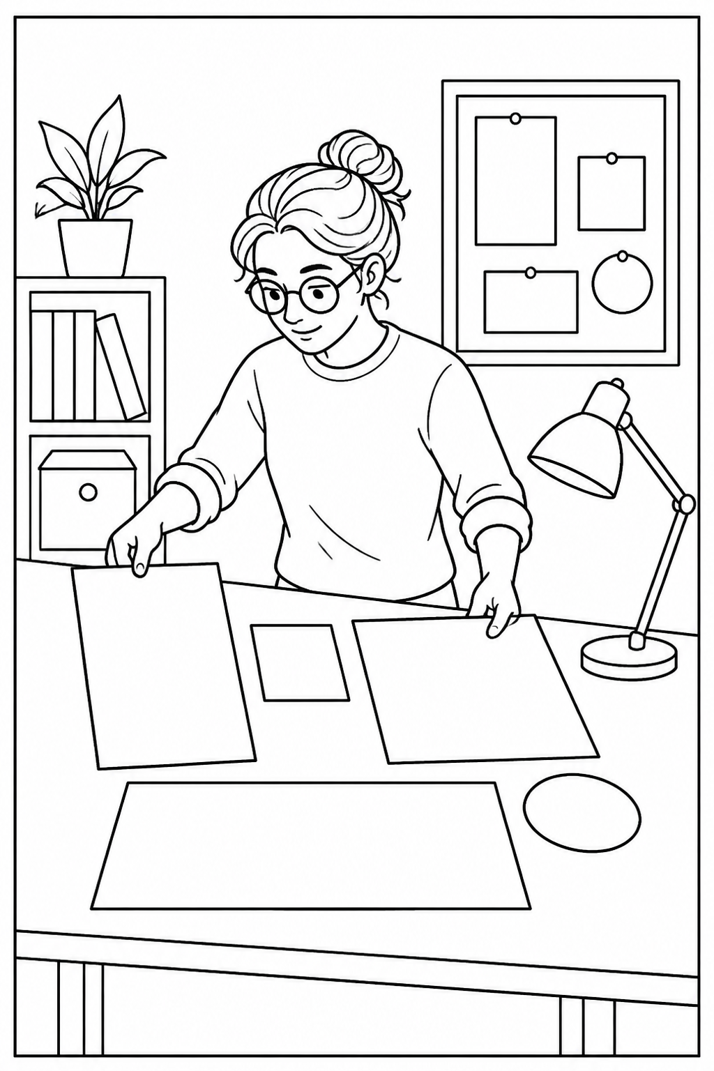 Graphic designer arranging paper shapes on a studio desk.