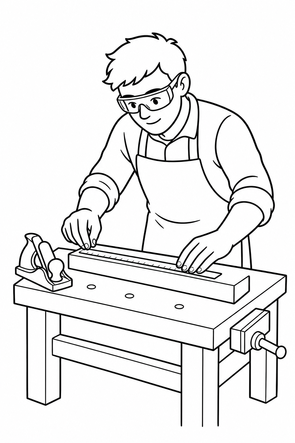 Woodworker measuring a board with a ruler at a clean workbench.