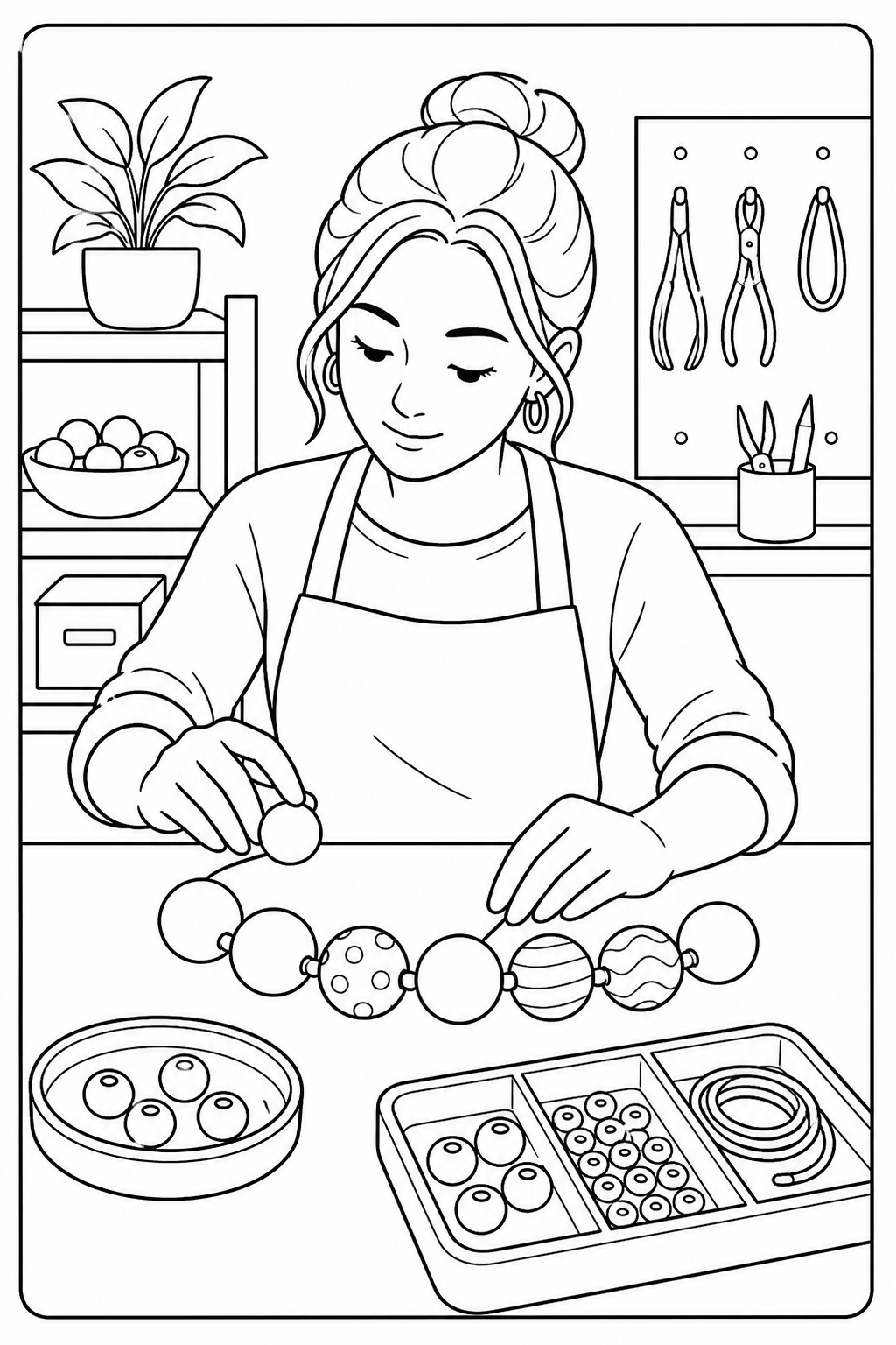 Jewelry maker arranging beads on a tray at a craft worktable.