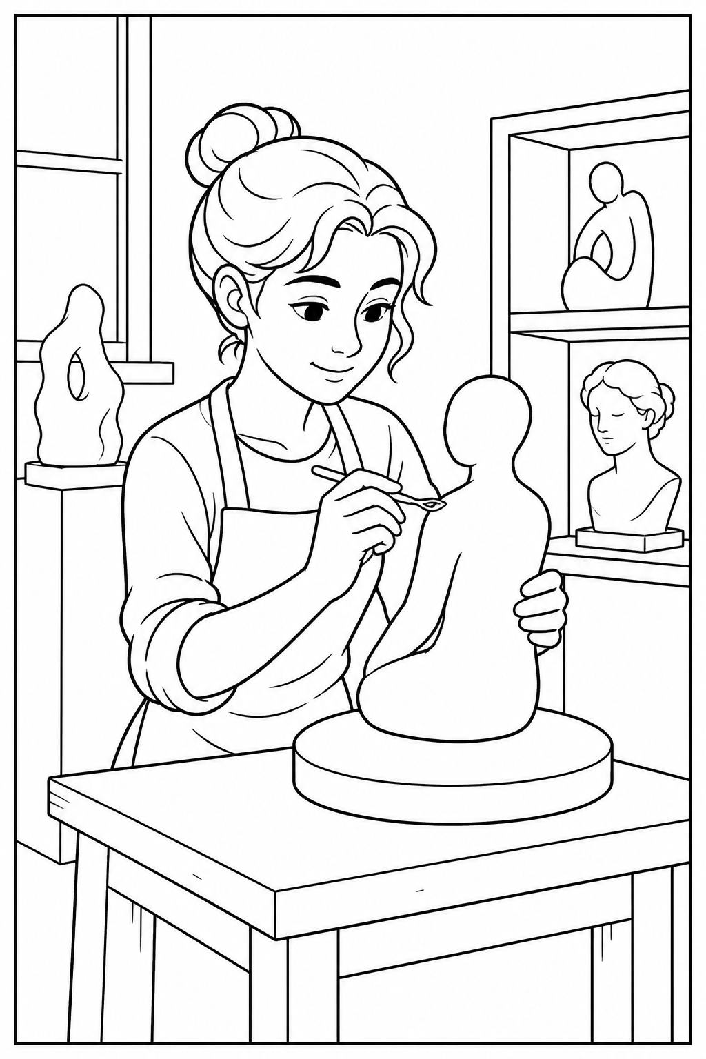 Sculptor refining a clay figure with a small hand tool.