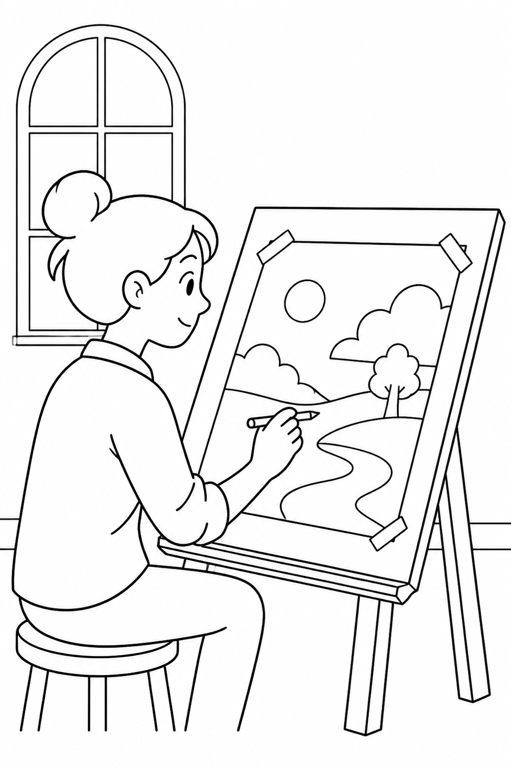 Illustrator sketching a landscape on a drawing board in a studio.