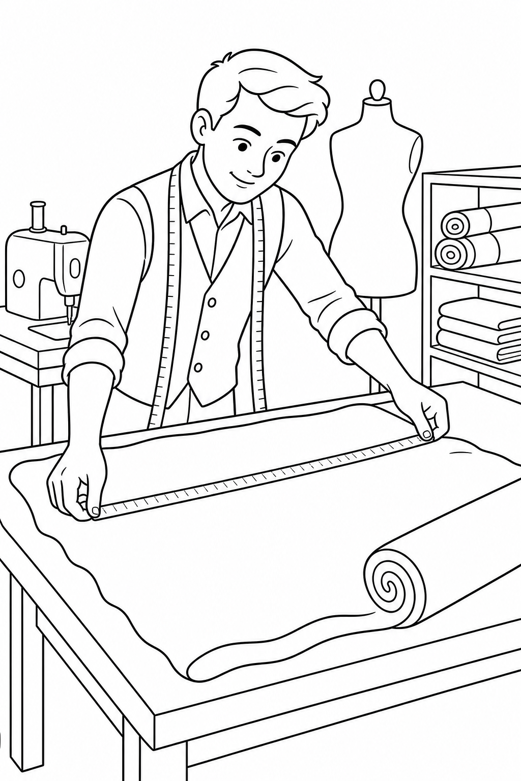 Tailor measuring fabric across a worktable in a sewing studio.