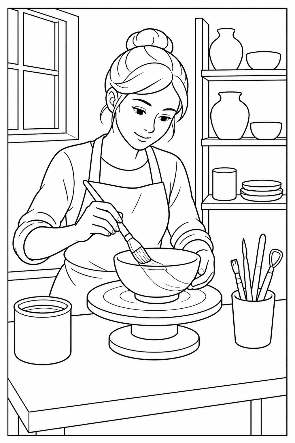 Black-and-white coloring page showing a baker finishing bread with a simple tool at a neighborhood bakery counter.