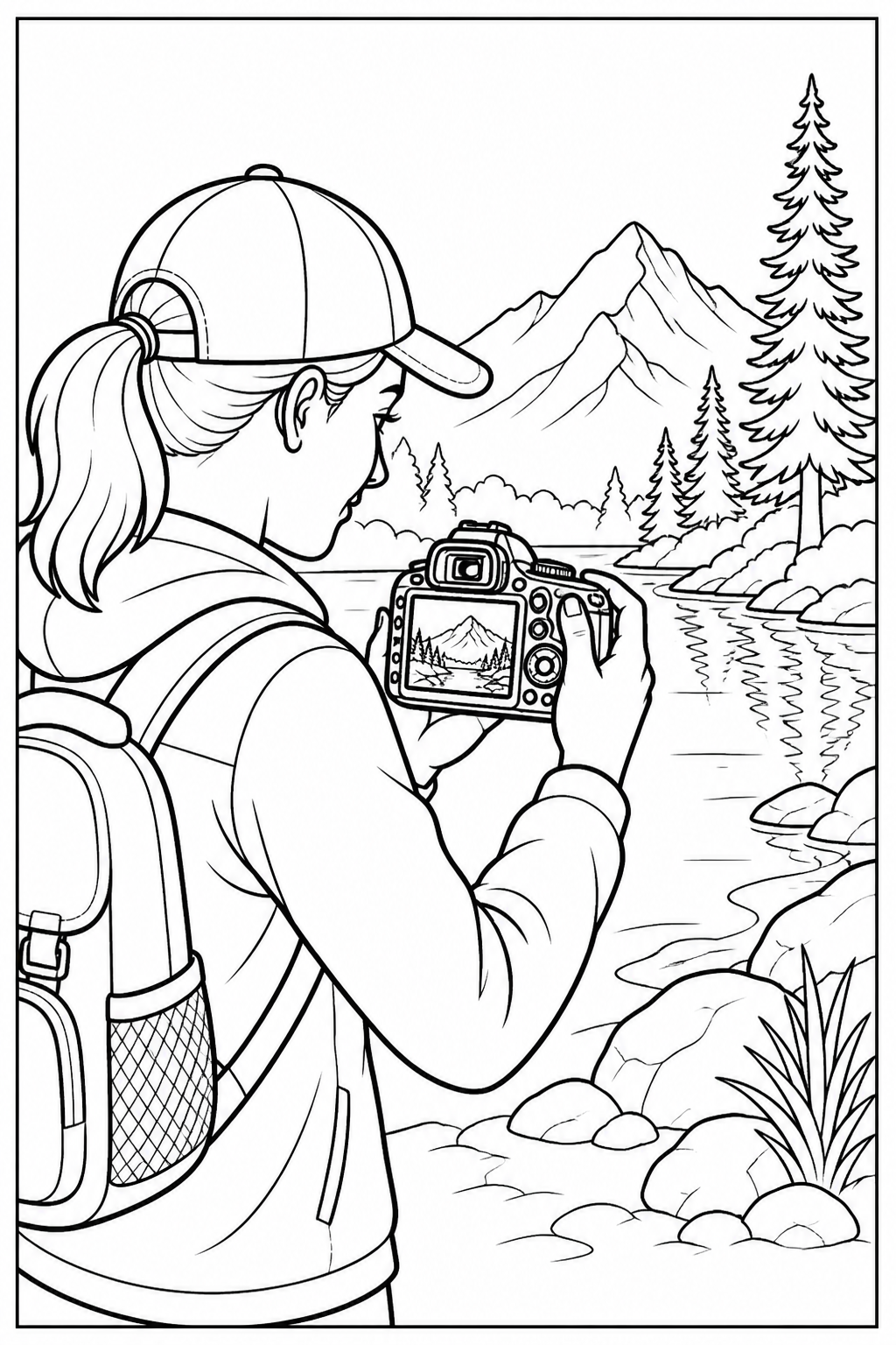 Photographer reviewing a nature photograph on a camera outdoors.