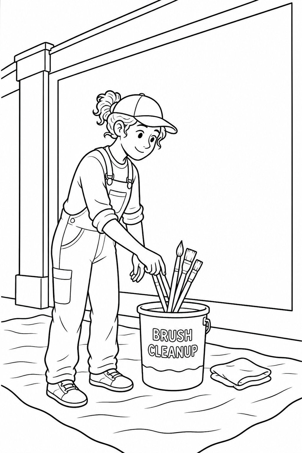 Artist placing brushes into a cleanup container after painting a mural.